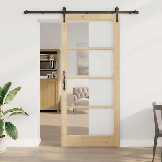 vidaXL Συρόμενη Πόρτα 93 x 211 εκ. Μασίφ ξύλο πεύκου και γυαλί Φυσικό