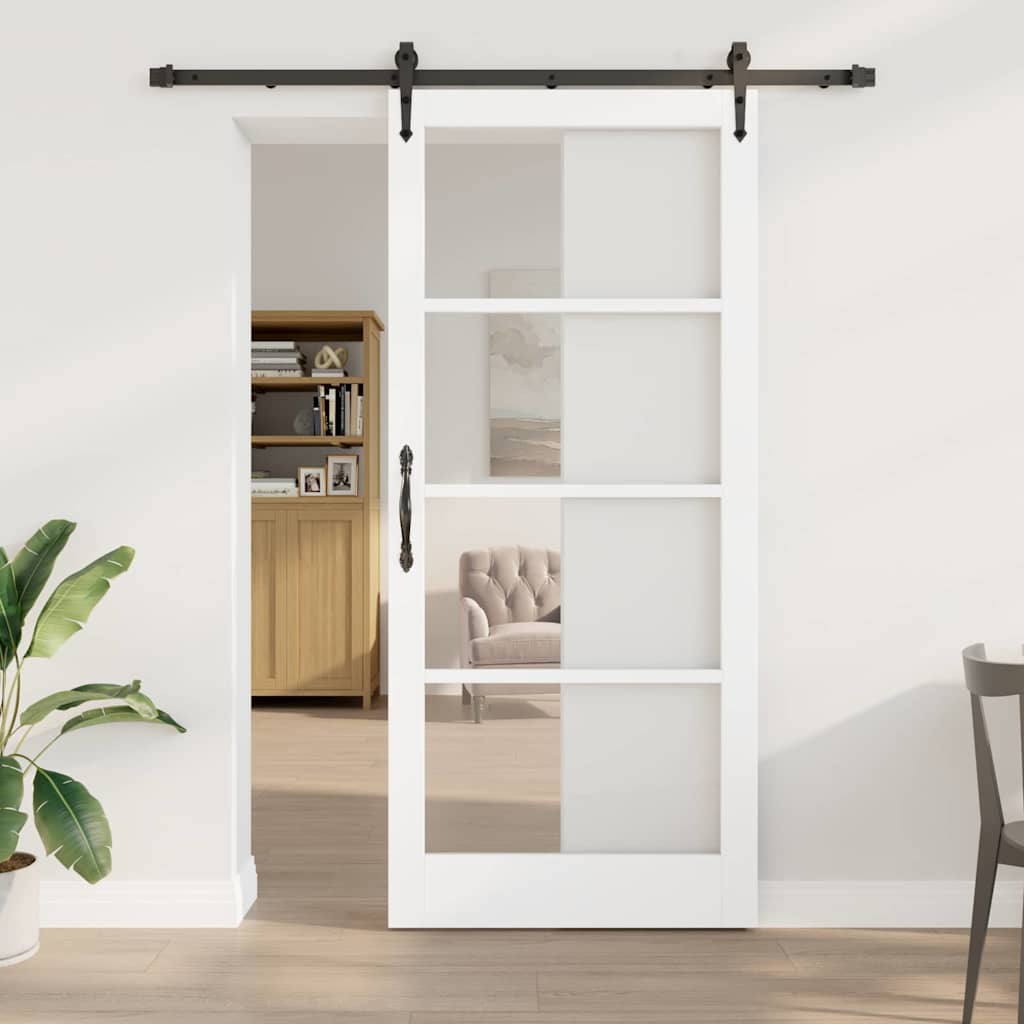 vidaXL Συρόμενη Πόρτα 93 x 211 εκ. Μασίφ ξύλο πεύκου και γυαλί Λευκό