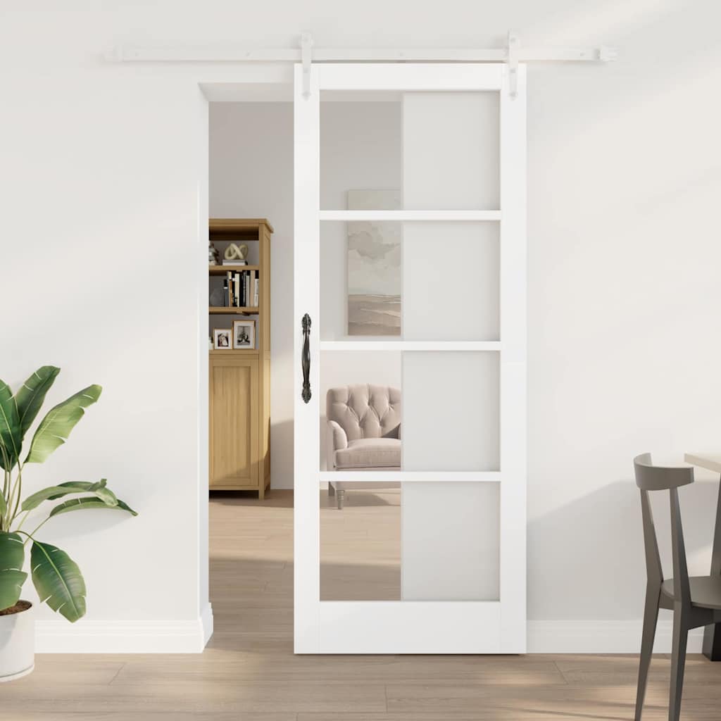 vidaXL Συρόμενη Πόρτα 83 x 211 εκ. Μασίφ ξύλο πεύκου και γυαλί Λευκό