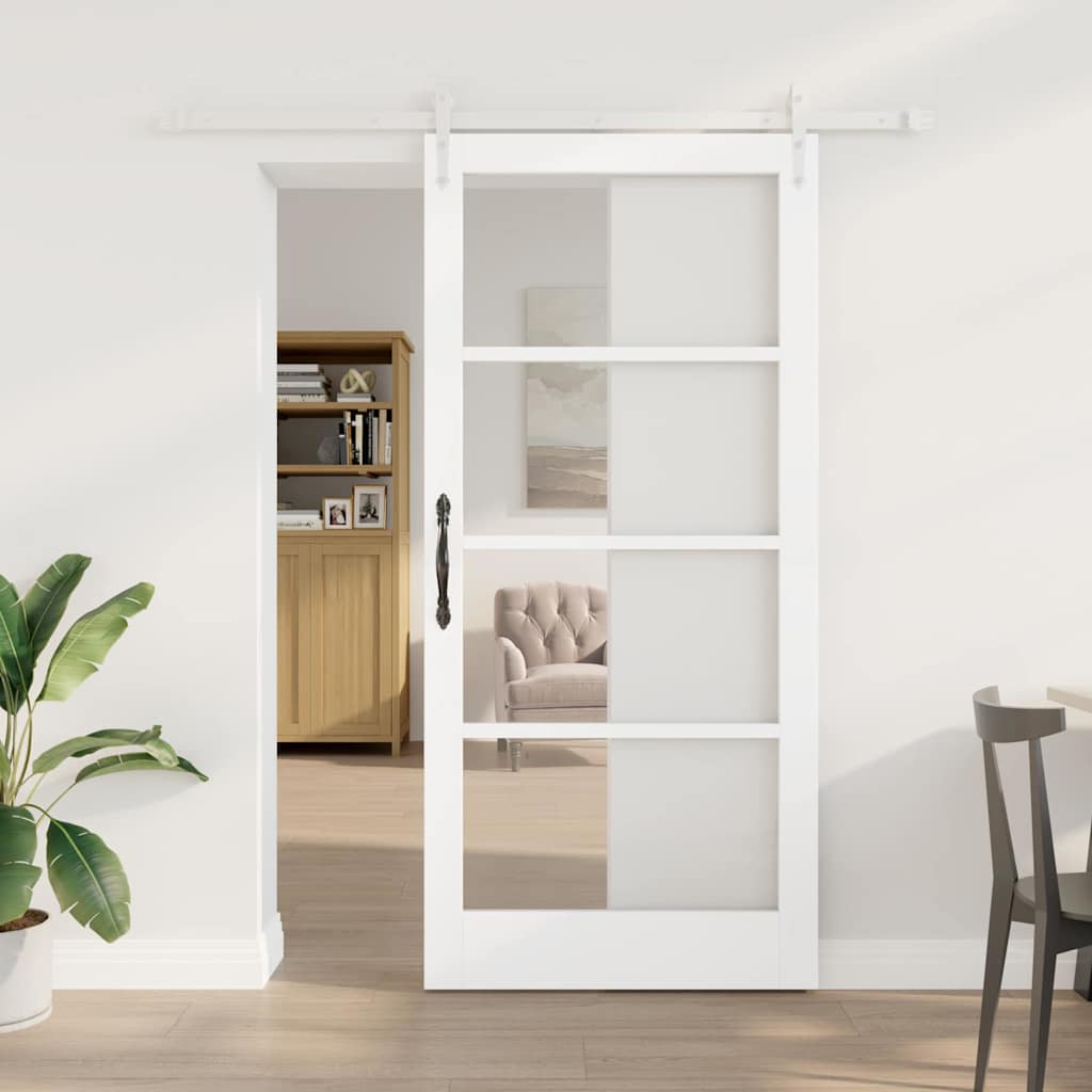 vidaXL Συρόμενη Πόρτα 93 x 202 cm Μασίφ ξύλο πεύκου και γυαλί Λευκό