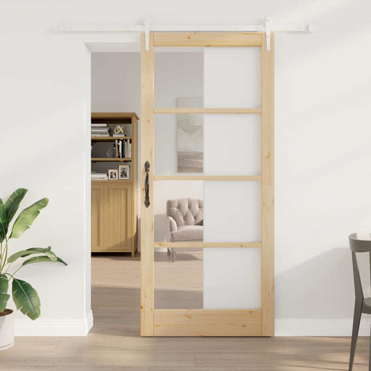 vidaXL Συρόμενη Πόρτα 93 x 211 εκ. Μασίφ ξύλο πεύκου και γυαλί Φυσικό
