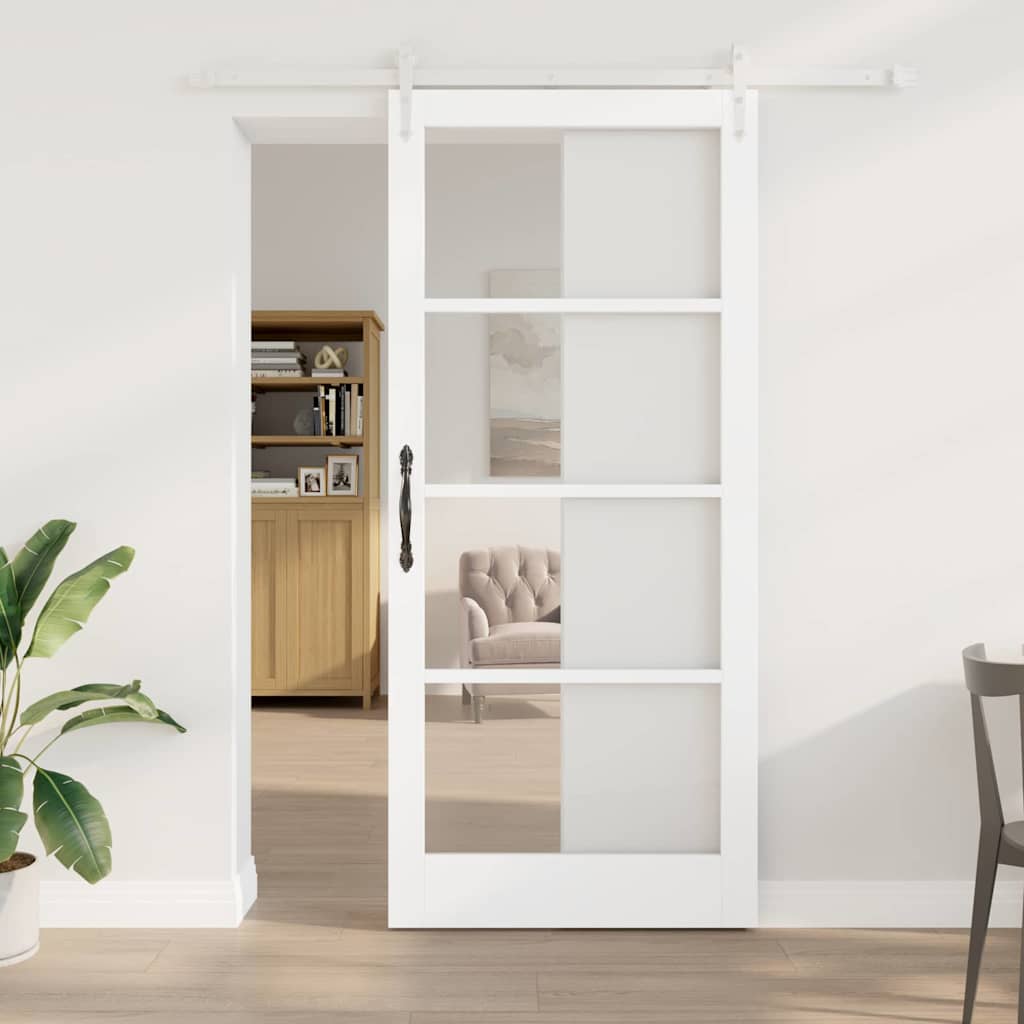 vidaXL Συρόμενη Πόρτα 93 x 211 εκ. Μασίφ ξύλο πεύκου και γυαλί Λευκό
