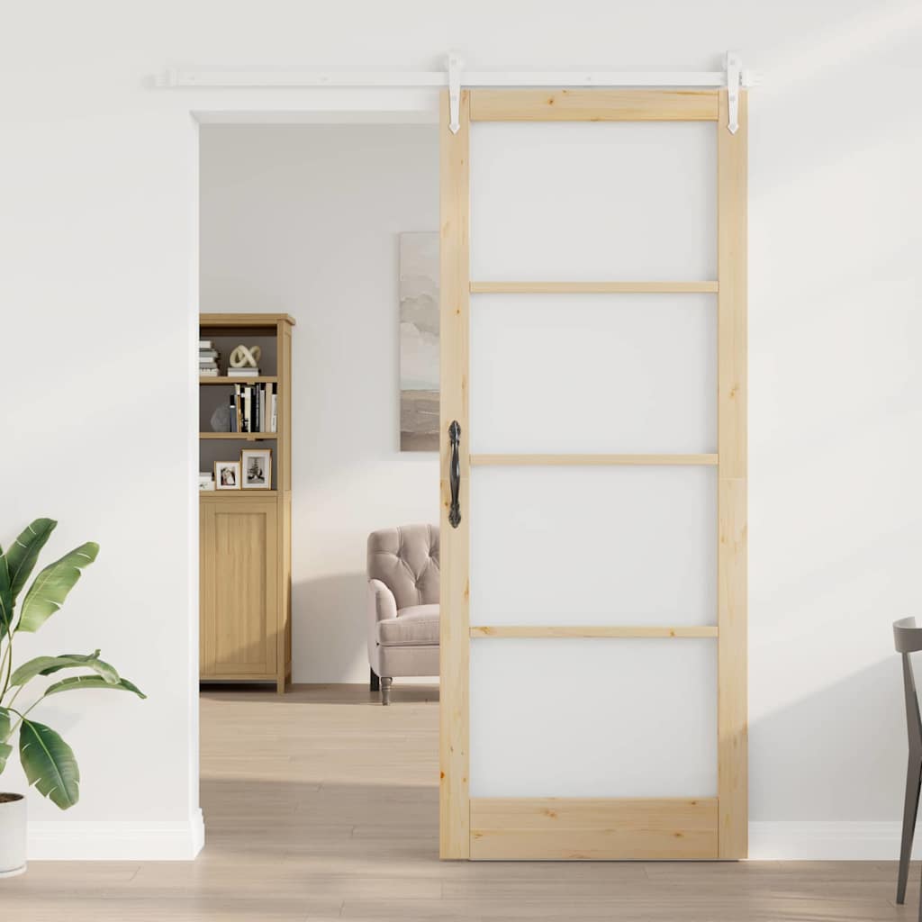 vidaXL Συρόμενη Πόρτα 93 x 232 εκ. Μασίφ ξύλο πεύκου και γυαλί Φυσικό