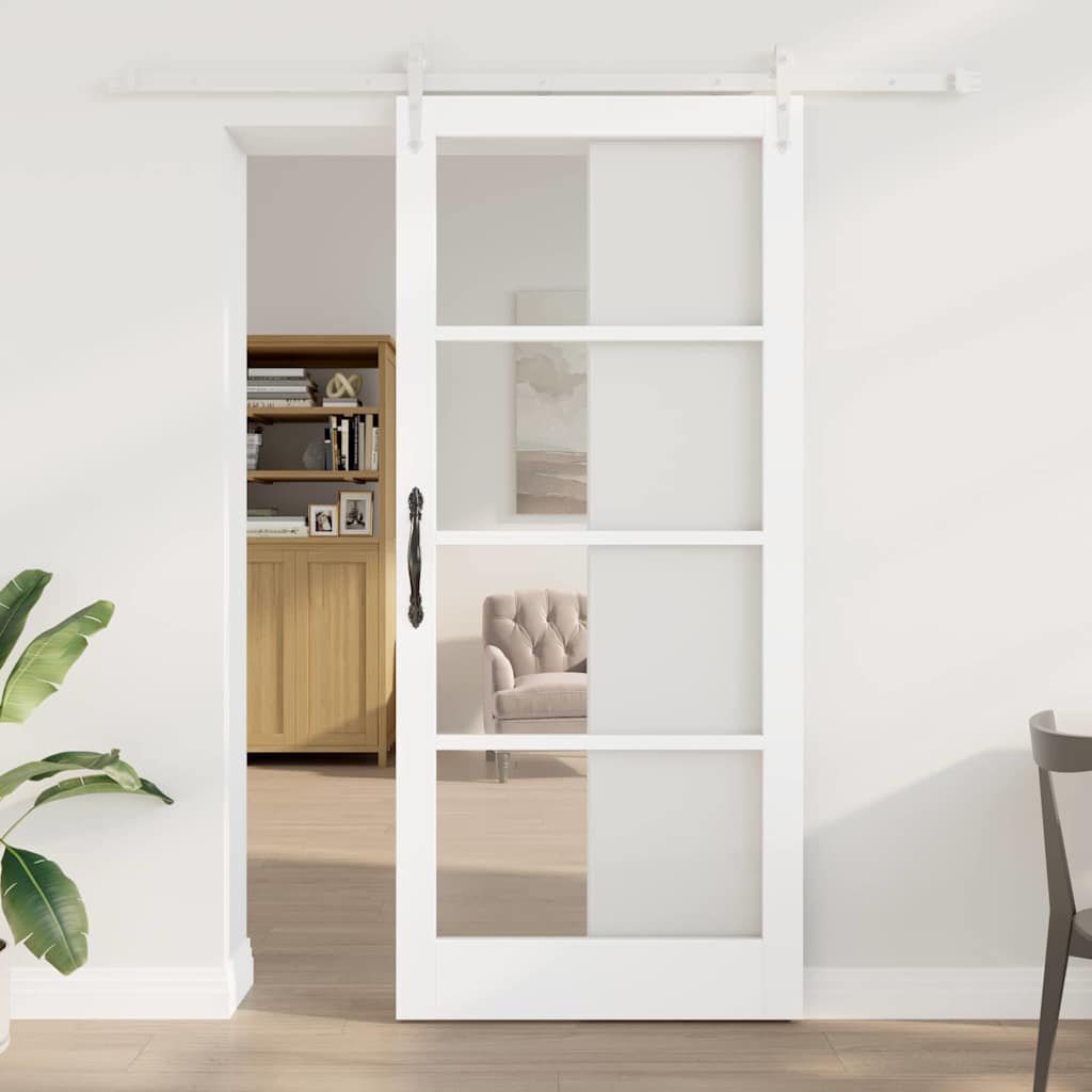vidaXL Συρόμενη Πόρτα 93 x 211 εκ. Μασίφ ξύλο πεύκου και γυαλί Λευκό
