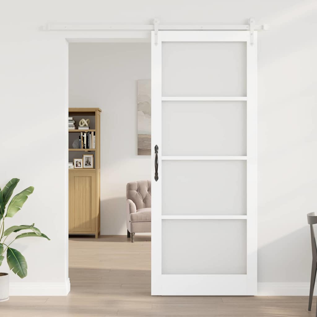 vidaXL Συρόμενη Πόρτα 93 x 232 εκ. Μασίφ ξύλο πεύκου και γυαλί Λευκό