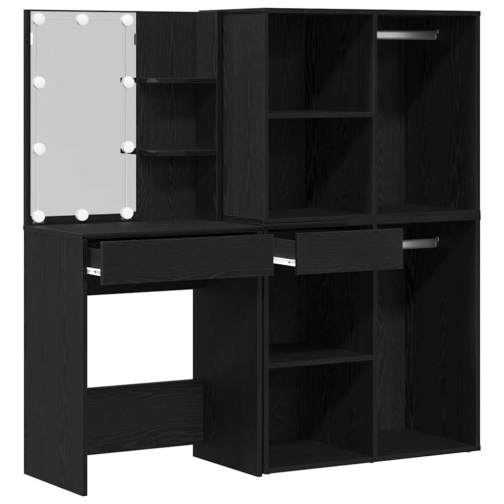 vidaXL LED Τραπέζι Μακιγιάζ με 2 Ντουλάπια Μαύρο Δρύς Επεξεργασμένο Ξύλο
