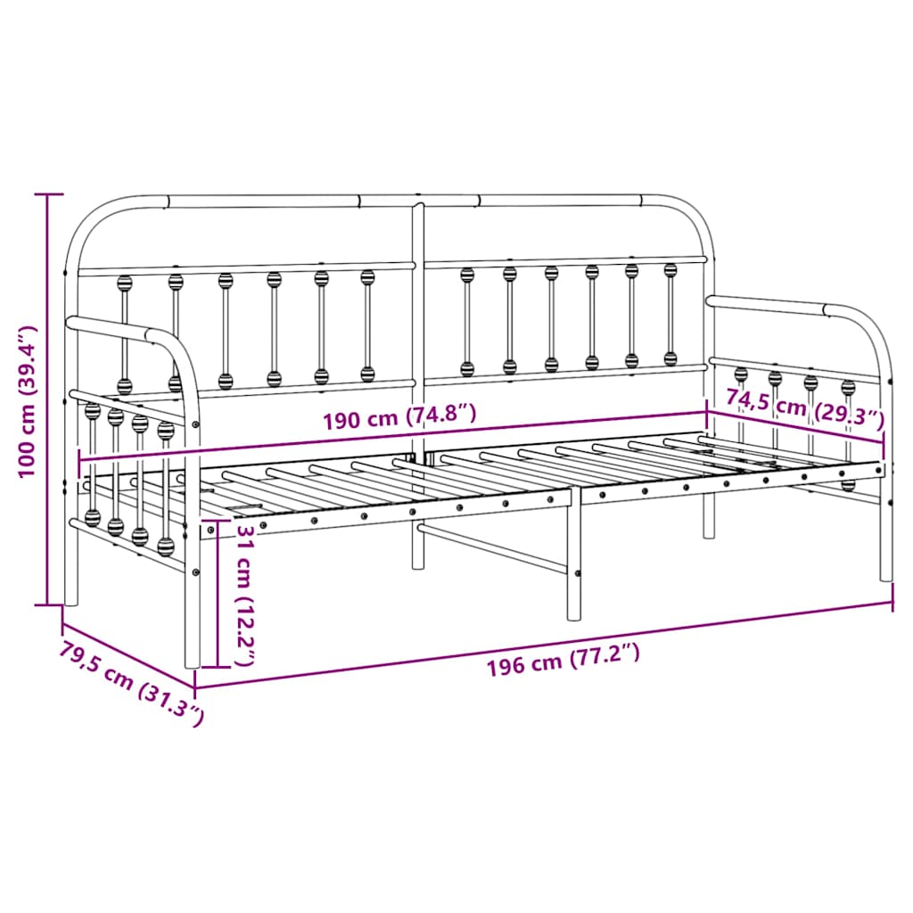 vidaXL Σκελετός κρεβατιού ημέρας Μαύρο 75 x 190 cm