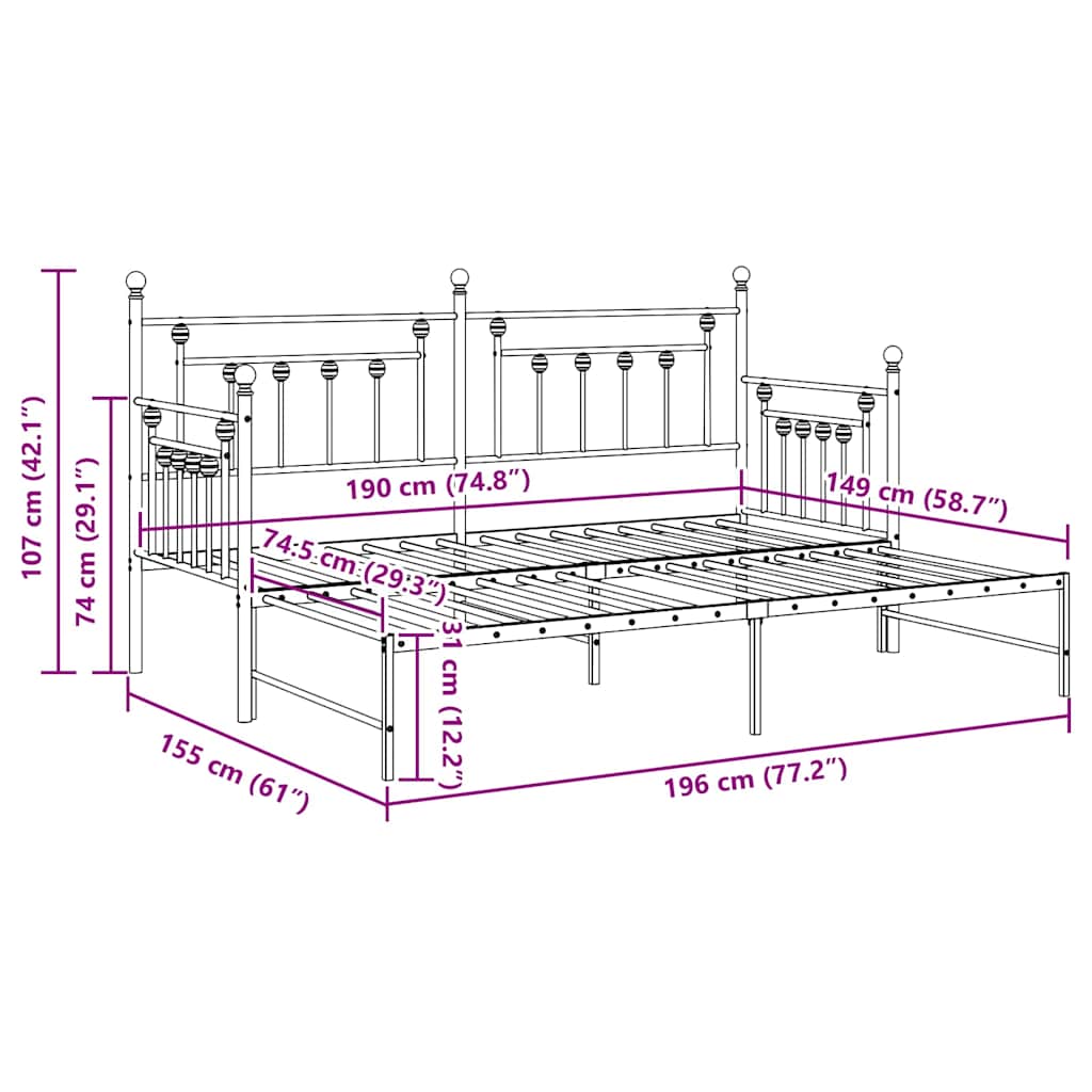 vidaXL Σκελετός κρεβατιού ημέρας Μαύρο 75 x 190 cm Ατσάλι