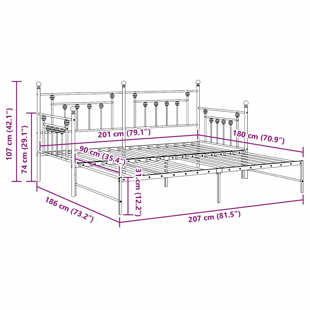 vidaXL Σκελετός κρεβατιού ημέρας Μαύρο 90 x 200 cm Ατσάλι
