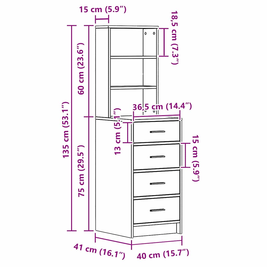 vidaXL Highboard artisan δρυς 40 x 41 x 135 εκ. Επεξεργασμένο ξύλο