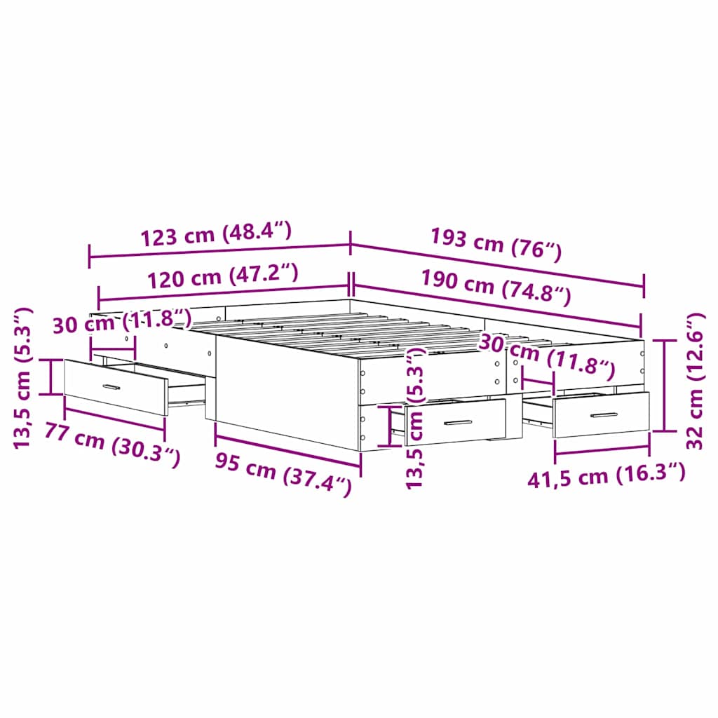 vidaXL Κρεβάτι με Συρτάρια Artisan Oak 120x190 εκ Κατασκευασμένο Ξύλο