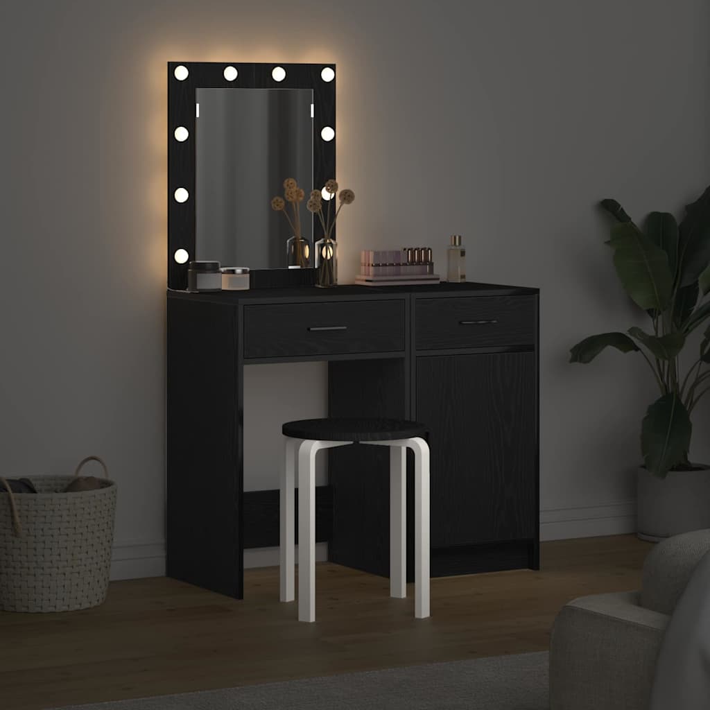 vidaXL 2 Τεμαχίων Σετ Τραπέζι Ντυσίματος με LED Μαύρο Επεξεργασμένο Ξύλο