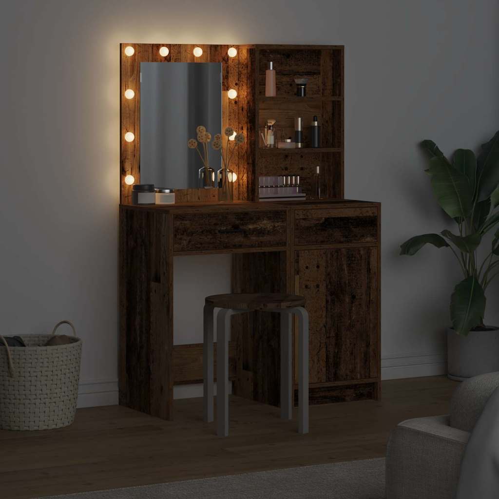 vidaXL Σετ Τραπέζι Ντυσίματος με LED με φώτα καθρέφτη 2 pcs Παλιό ξύλο