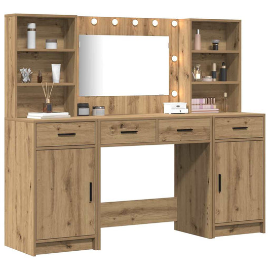 vidaXL Σετ Τραπέζι Ντυσίματος με LED με συρτάρι 3 pcs Artisan Oak
