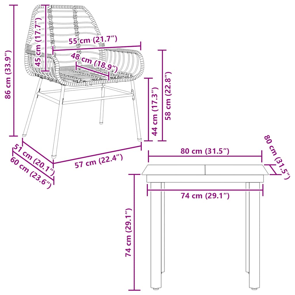 vidaXL Σετ Τραπεζαρίας Κήπου 3 Τεμαχίων Μαύρο Συνθετικό Ρατάν/Γυαλί