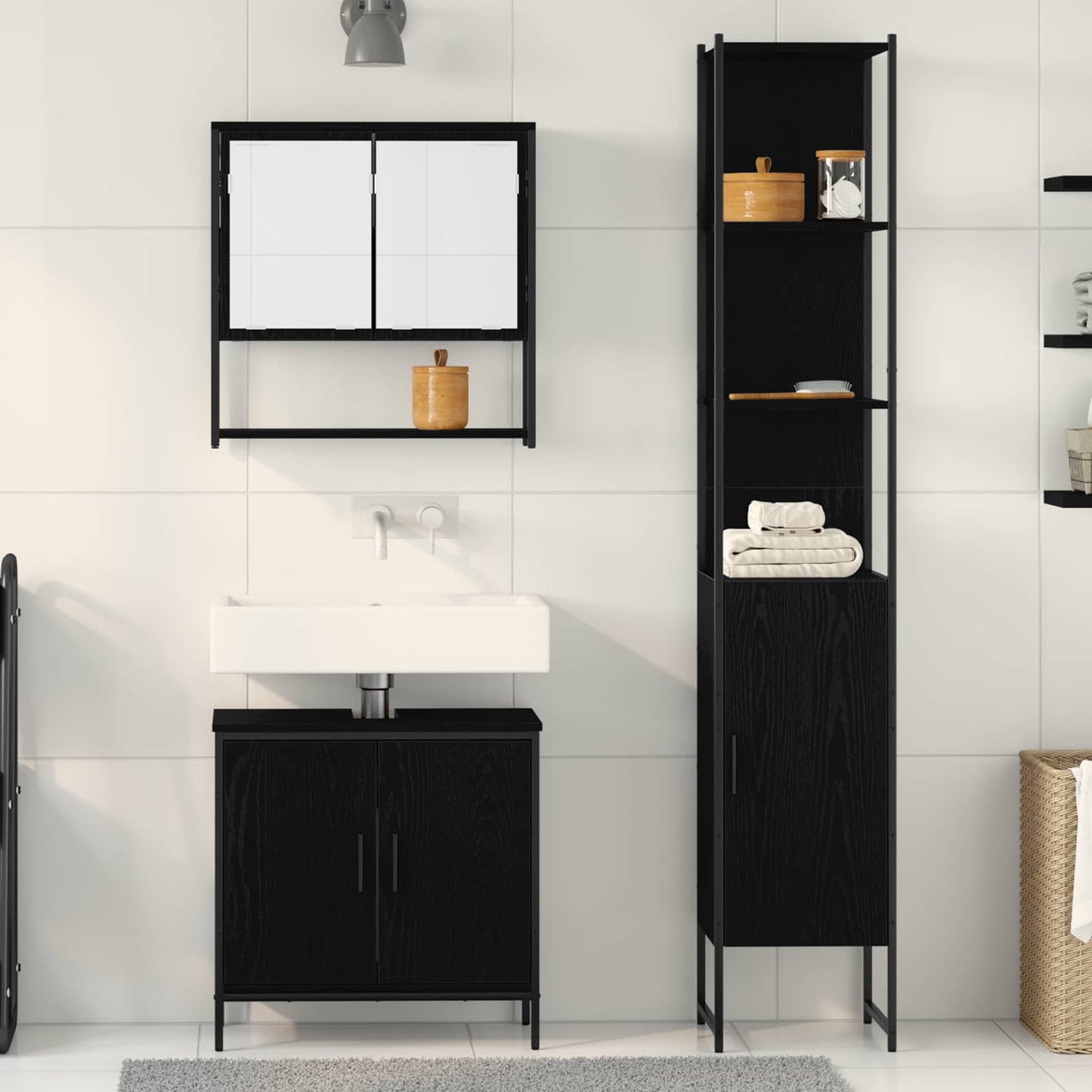 vidaXL Σετ Επίπλων Μπάνιου με ράφι 3 pcs Μαύρο 33 x 33 x 185.5 εκ