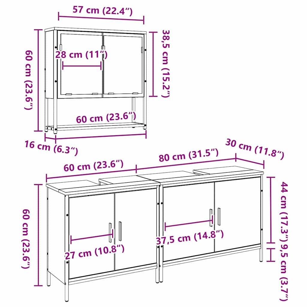 vidaXL Σετ Επίπλων Μπάνιου με αποθήκευση 3 pcs Καφέ 80 x 30 x 44 εκ.