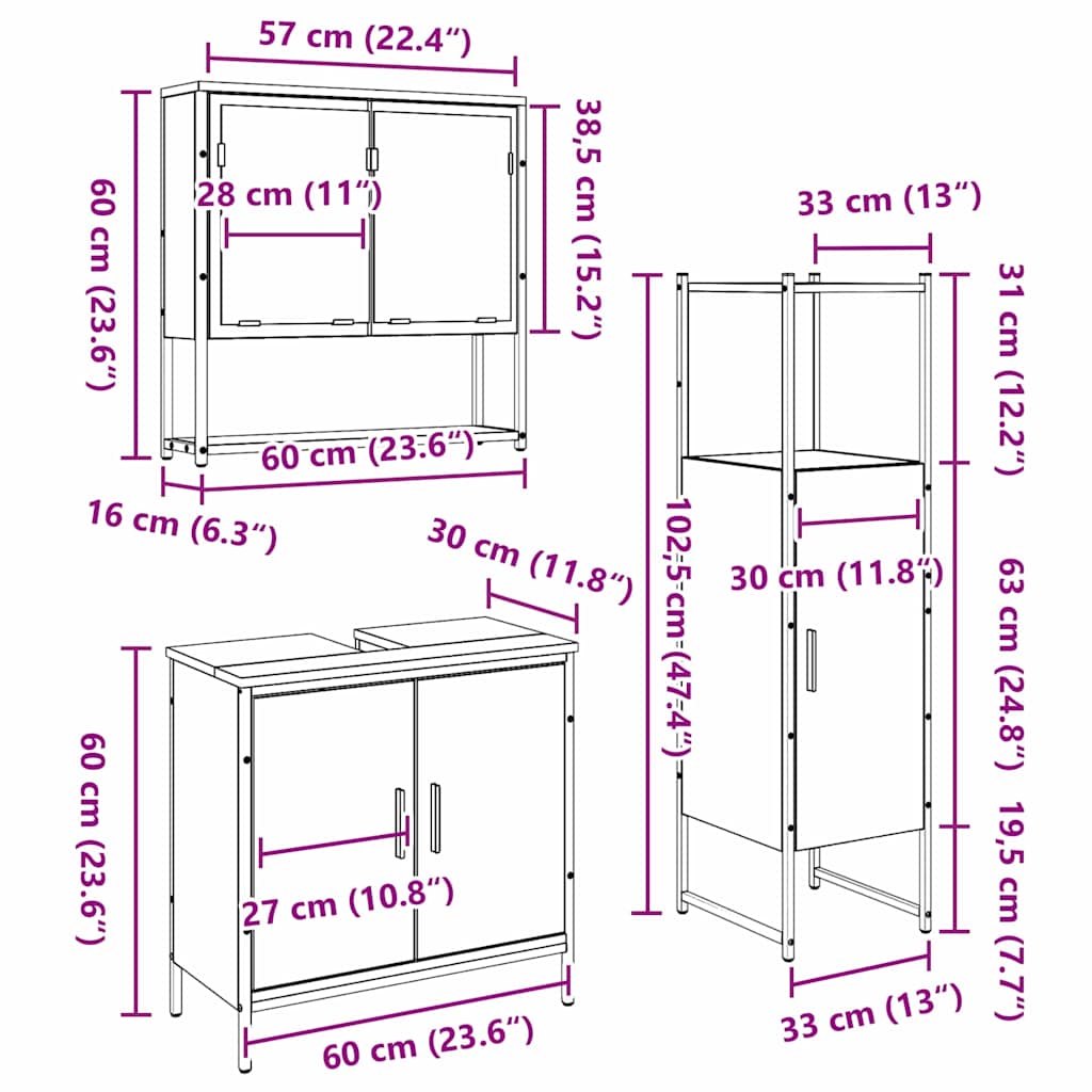 vidaXL Σετ Επίπλων Μπάνιου με αποθήκευση 3 pcs Καφέ 33 x 33 x 102.5 εκ