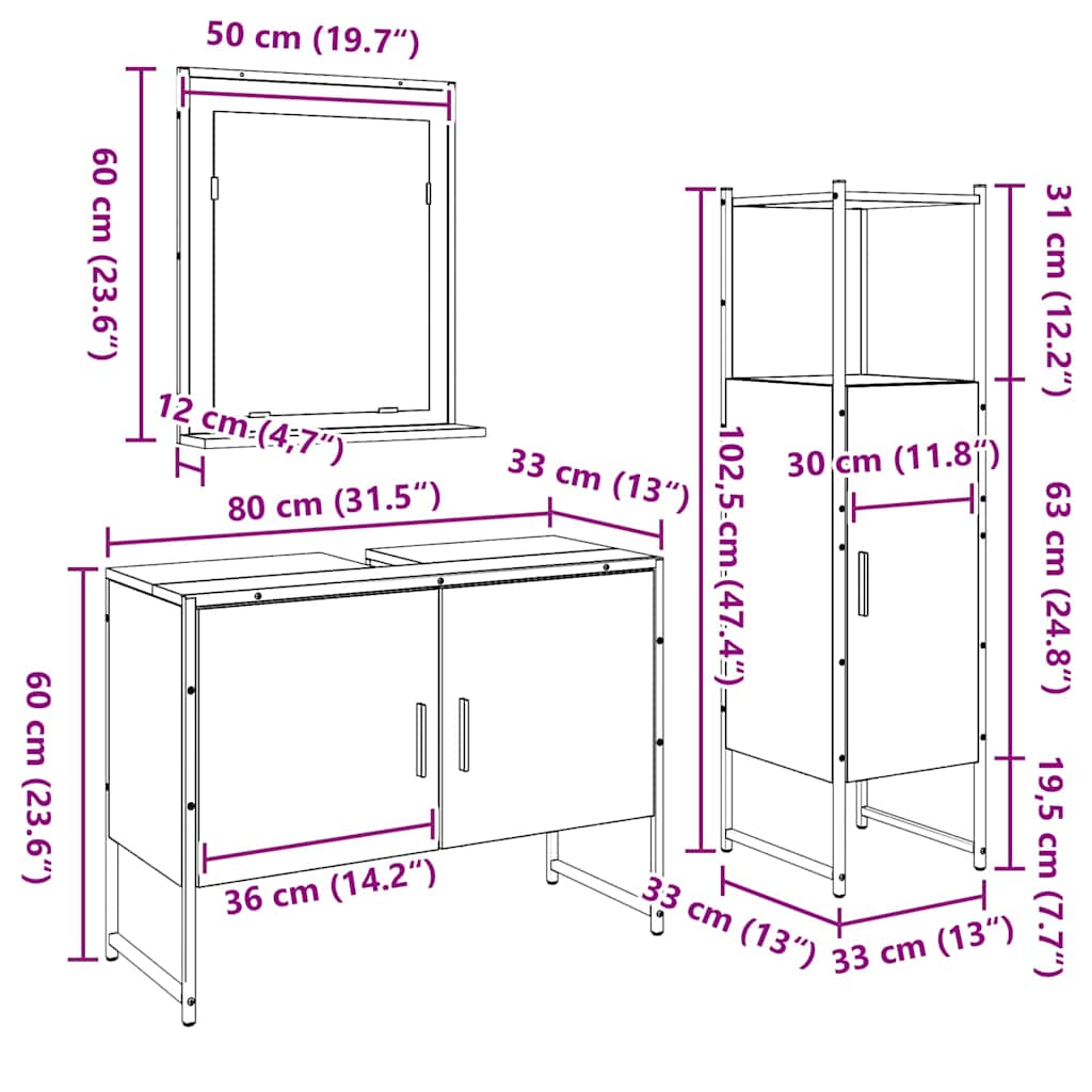 vidaXL Σετ Επίπλων Μπάνιου 3 τμχ. Καφέ 33 x 33 x 113.5 εκ