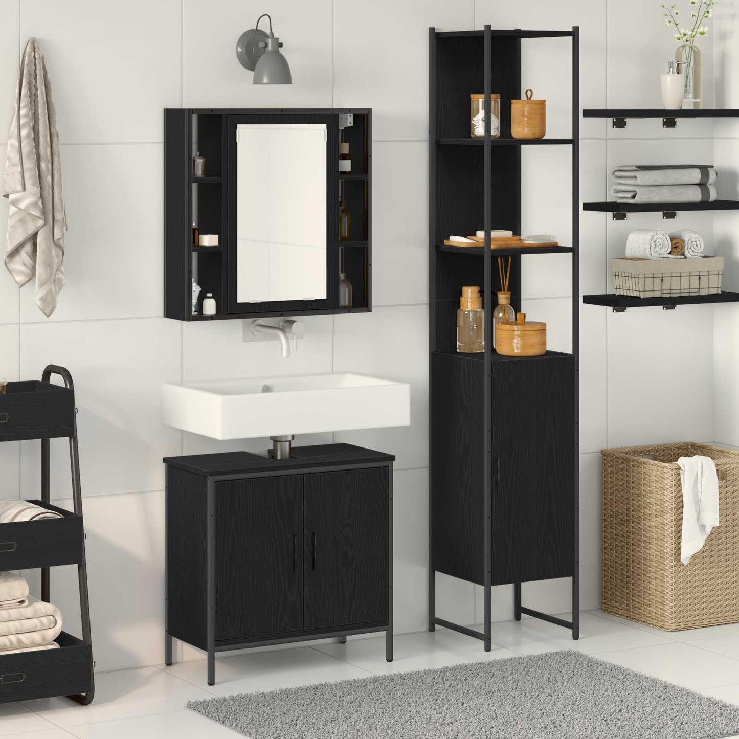vidaXL Μονάδες Νιπτήρα Μπάνιου 3 τμχ. Μαύρο 33 x 33 x 185,5 εκ