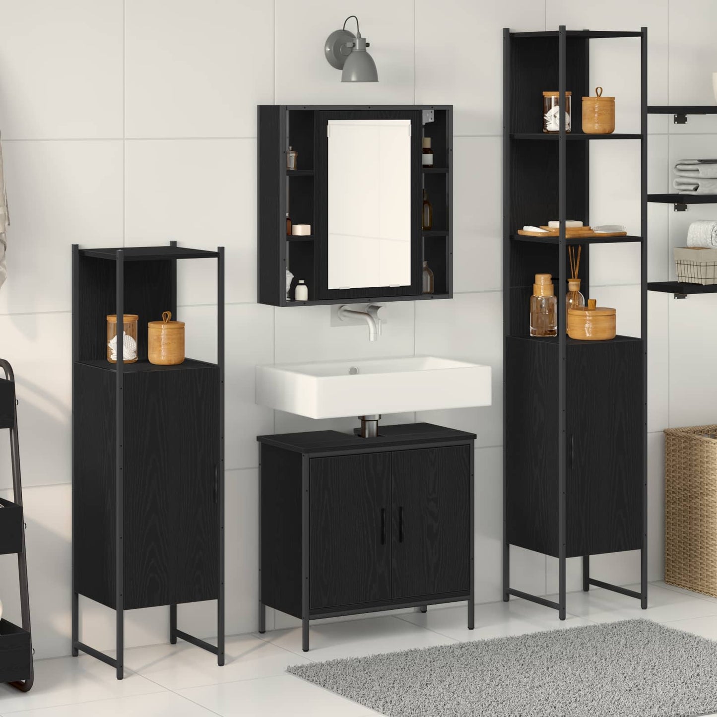 vidaXL Σετ Επίπλων Μπάνιου με ράφι 4 pcs Μαύρο 33 x 33 x 185.5 εκ
