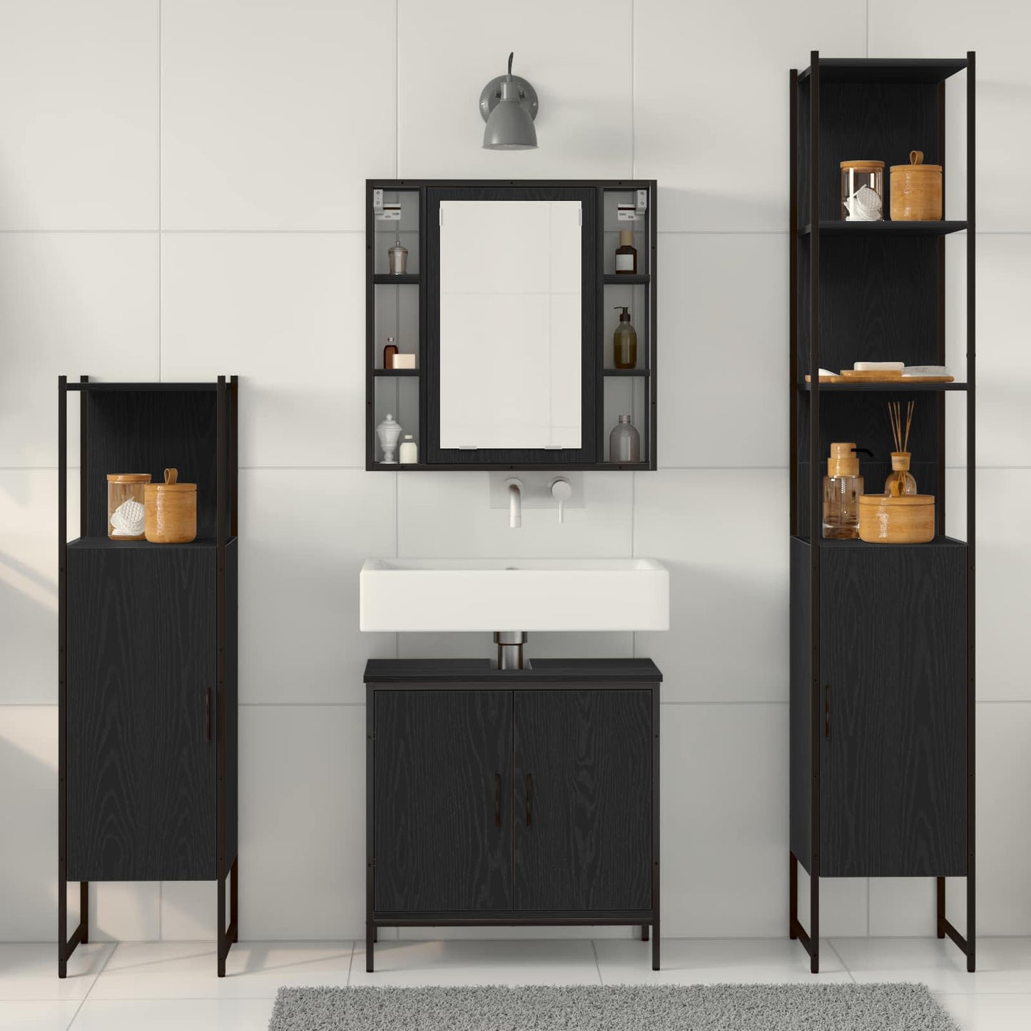 vidaXL Σετ Επίπλων Μπάνιου με ράφι 4 pcs Μαύρο 33 x 33 x 185.5 εκ
