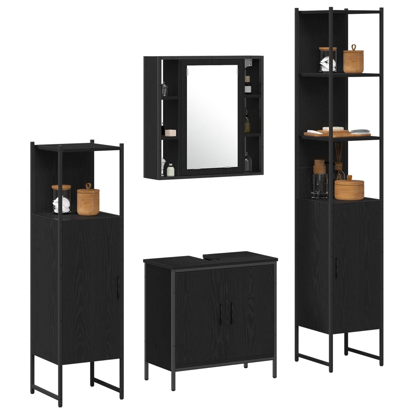 vidaXL Σετ Επίπλων Μπάνιου με ράφι 4 pcs Μαύρο 33 x 33 x 185.5 εκ