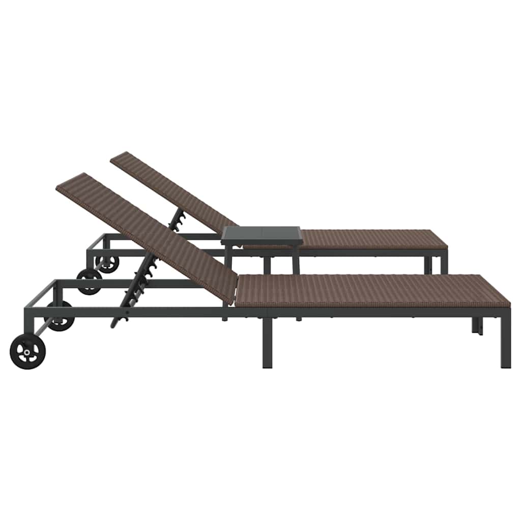 vidaXL Ξαπλώστρες 2 τεμάχια με τροχούς και τραπέζι Καφέ Πολυ Ράταν
