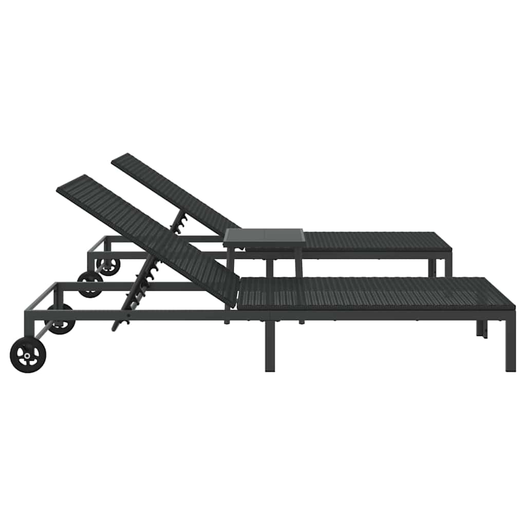 vidaXL Ξαπλώστρες 2 τεμ. με Ρόδες και Τραπέζι Μαύρο Πολυ Ρατάν