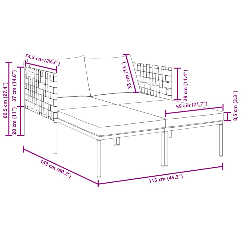 vidaXL Ξαπλώστρα με Μαξιλάρια 2 Ατόμων Ανθρακί 115x153x69,5 εκ. Ατσάλι