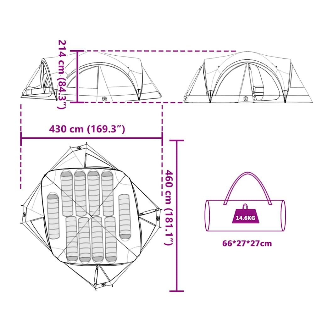vidaXL Οικογενειακή Σκηνή Πράσινο και Γκρι 460 x 430 x 214 εκ.