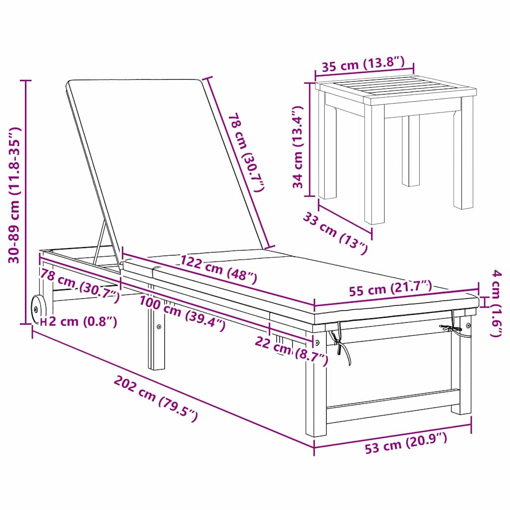 vidaXL Ξαπλώστρα 3 pcs Καφέ 35 x 35 x 34εκ Μασίφ ξύλο ακακίας