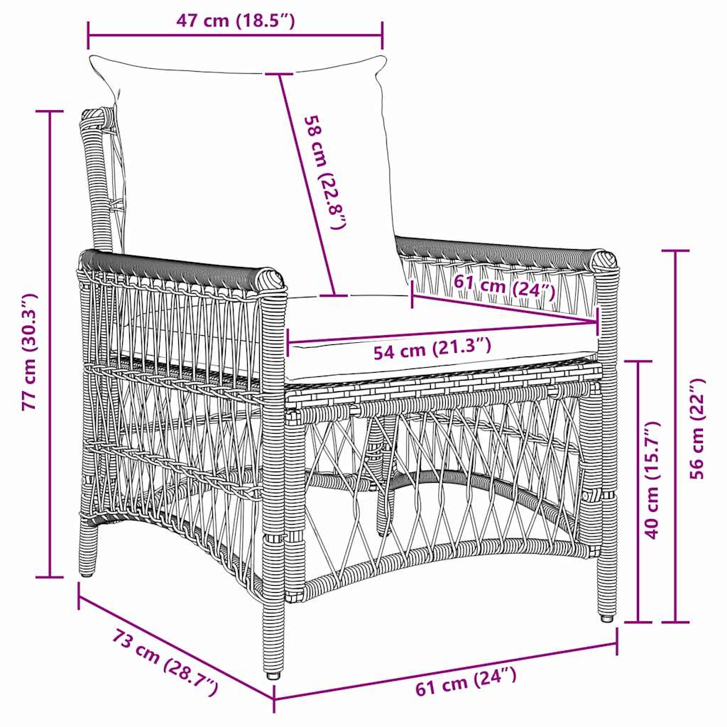 vidaXL Καρέκλα Κήπου με Μαξιλάρια Καφέ 60x70x78 εκ. Πολυ Ρατάν
