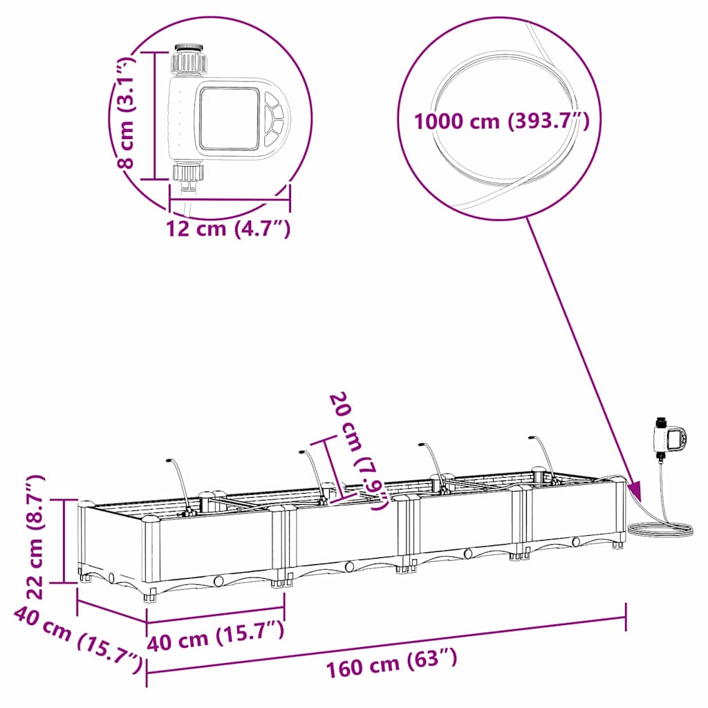 vidaXL Ζαρντινιέρες κήπου Μαύρο 160 x 40 x 22 cm Ατσάλι