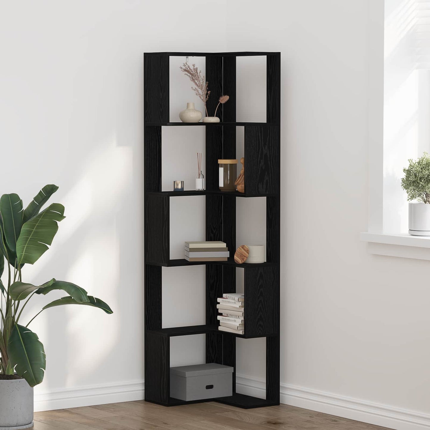 vidaXL Γωνιακή Βιβλιοθήκη Μαύρη δρυς 50 x 50 x 179 εκ.