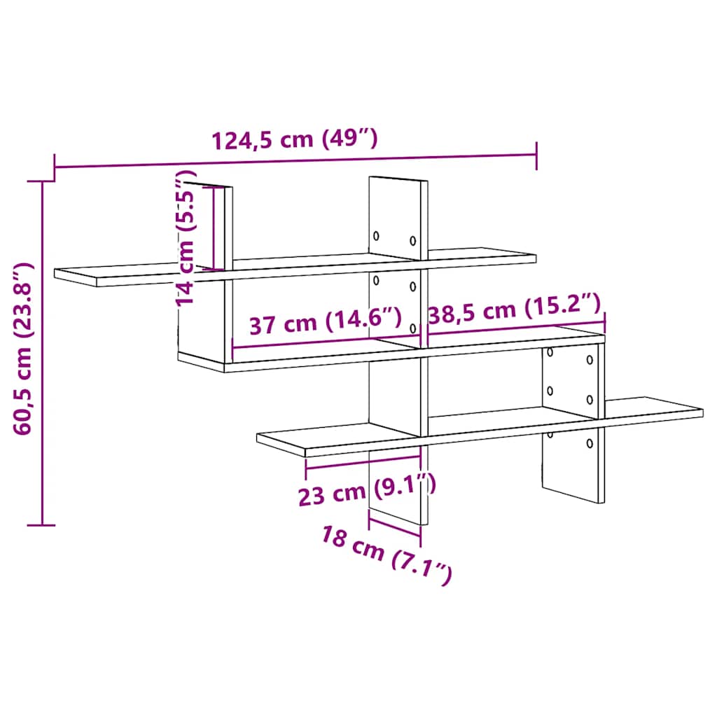 vidaXL Ράφι Τοίχου Μαύρη Δρυς 124,5 x 18 x 60,5 εκ. από Τεχνητό Ξύλο