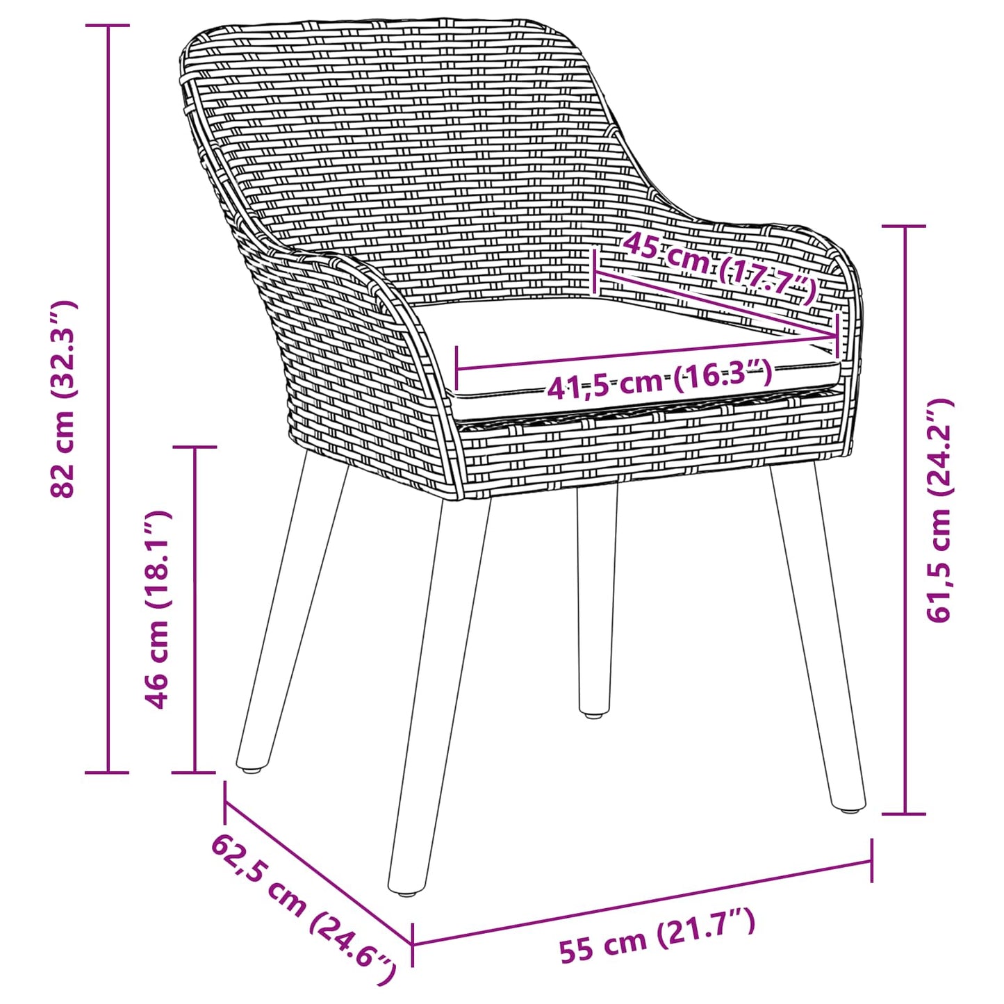 vidaXL Καρέκλα Κήπου 2 pcs Μαύρο 62.5 x 55 x 82 εκ συνθετικό ρατάν