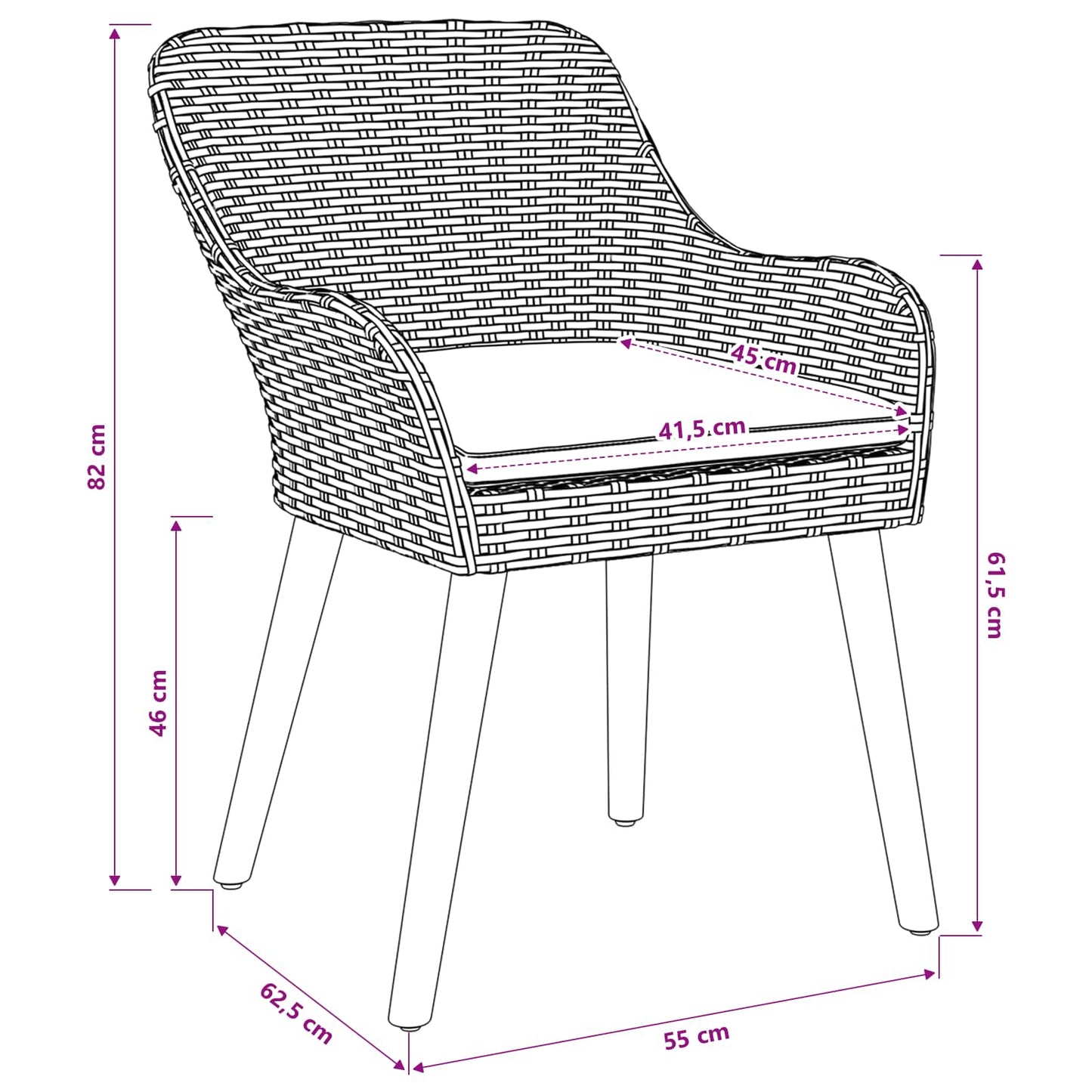 vidaXL Καρέκλα Κήπου 2 pcs Μαύρο 62.5 x 55 x 82 εκ συνθετικό ρατάν