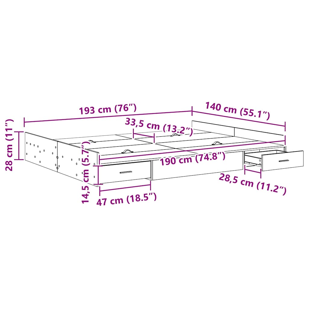 vidaXL Κρεβάτι με αποθηκευτικό χώρο Sonoma Δρυς 140 x 190 cm Μελαμίνη