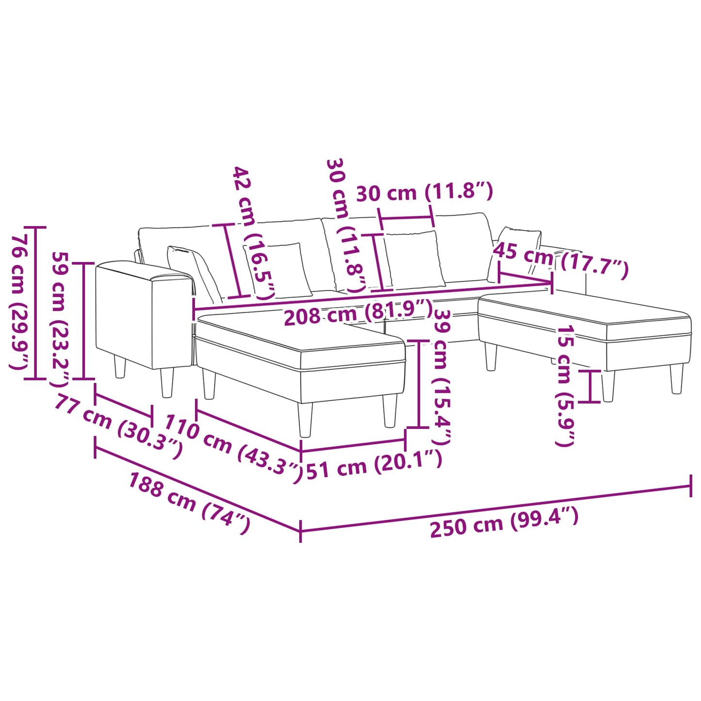 vidaXL Καναπές 3 pcs Μαύρο 250 x 188 x 76 εκ. Βελούδο