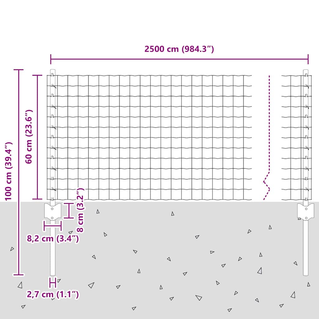 vidaXL Ευρωπαϊκός φράκτης με 11 στηρίγματα Ασημί 0,6x25 μ Ατσάλι