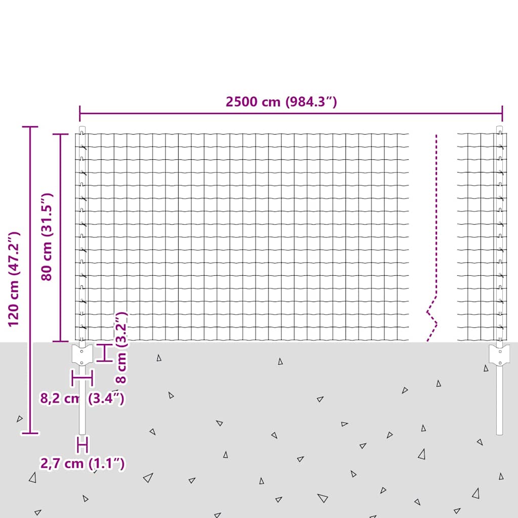 vidaXL Ευρωπαϊκό Φράκτη με 11 Στυλους Ασημί 0,8x25 μ Ατσάλι
