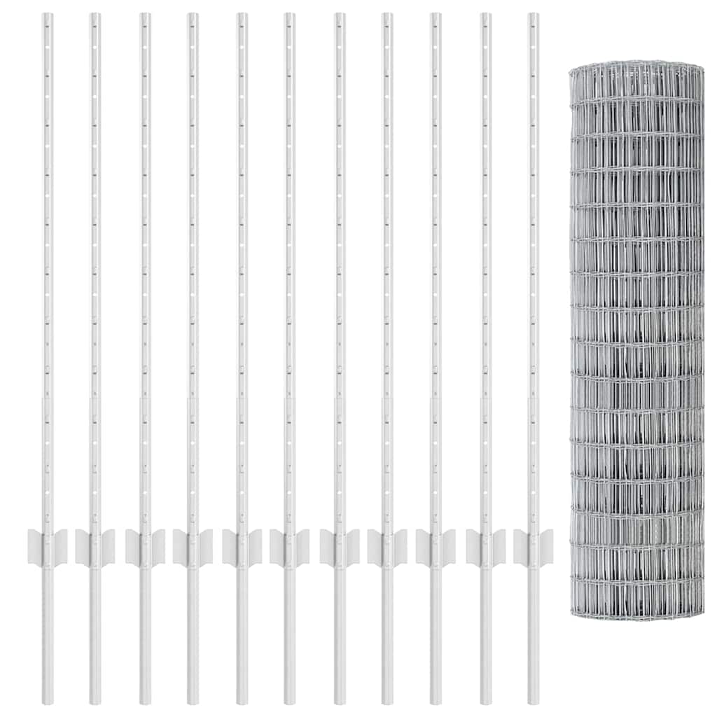 vidaXL Ευρωπαϊκός Φράκτης με 22 Στυλίσκους Ασημί 1x25 μ Ατσάλι