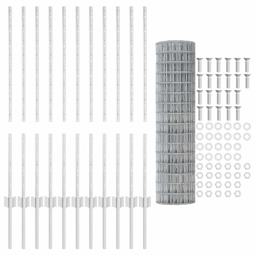 vidaXL Ευρωπαϊκή περίφραξη με 22 μεταλλικούς στύλους Ασημί 1x25 μ από χάλυβα