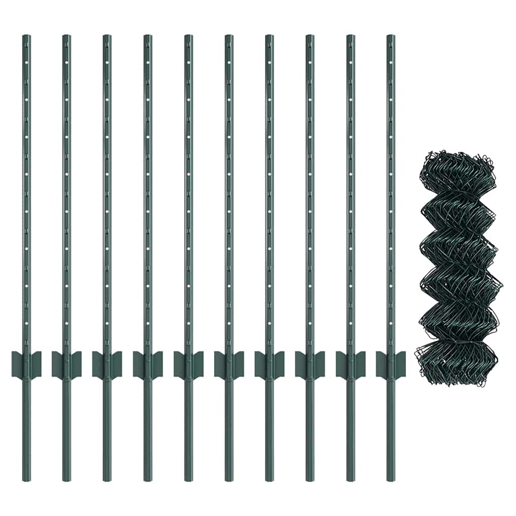 vidaXL Φράχτης από αλυσίδα με 10 U Posts Πράσινος 0.8x10 μ Χάλυβας