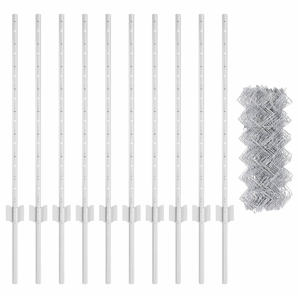 vidaXL Φράχτης αλυσίδας με 10 μεταλλικούς πασσάλους ασημί 0.8x10 μ