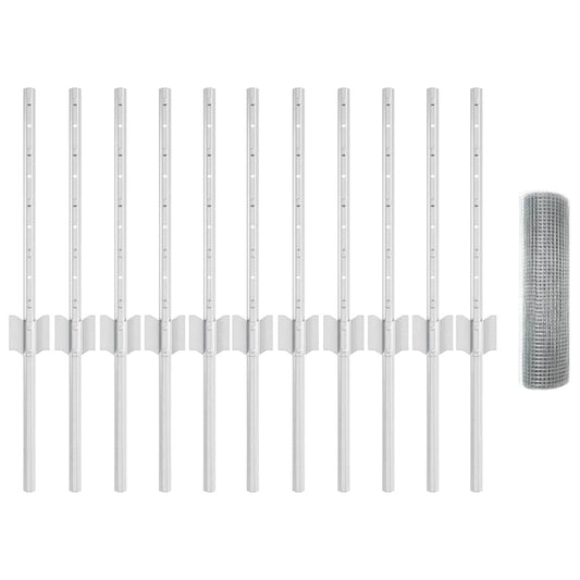 vidaXL Γαλβανισμένος Φράχτης με 11 Υποστηρίγματα Ασημί 0.4x25 μ. Χάλυβας
