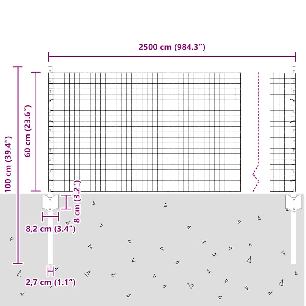 vidaXL Φράκτης Συρμάτινου Καλωδίου με 10 Πόδια U Ασημί 0.6x25 μ Χάλυβα