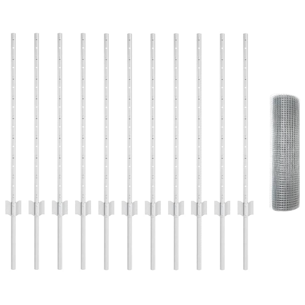 vidaXL Φράκτης γαλβανισμένου ατσαλιού με 11 στηρίγματα ασημένιο 0.8x25 μ