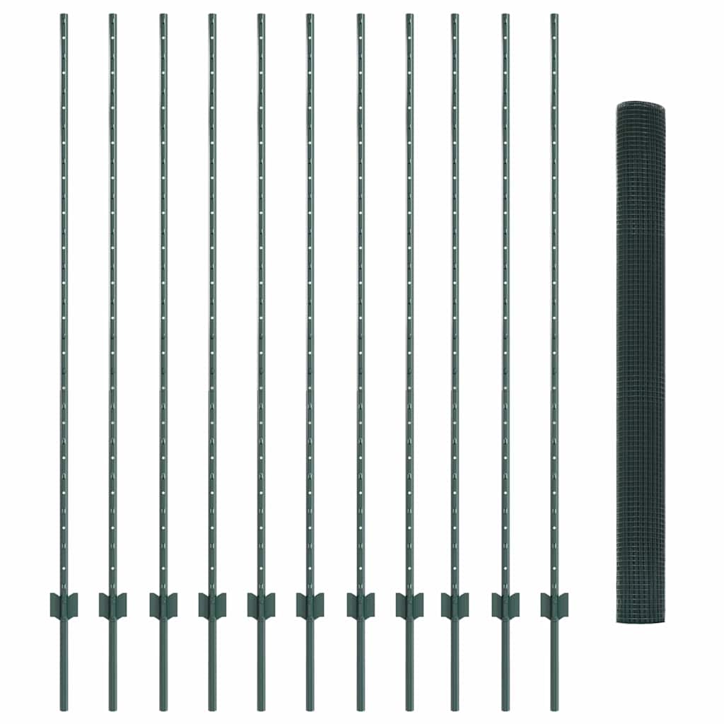 vidaXL Κλειστό Κιγκλίδωμα με 11 Στυλούς Πράσινο 1.5x25 μ Ατσάλι